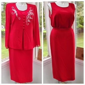 3 Piece Red Floral Studded Skirt Set, Jacket, Shell & Straigh Bottom